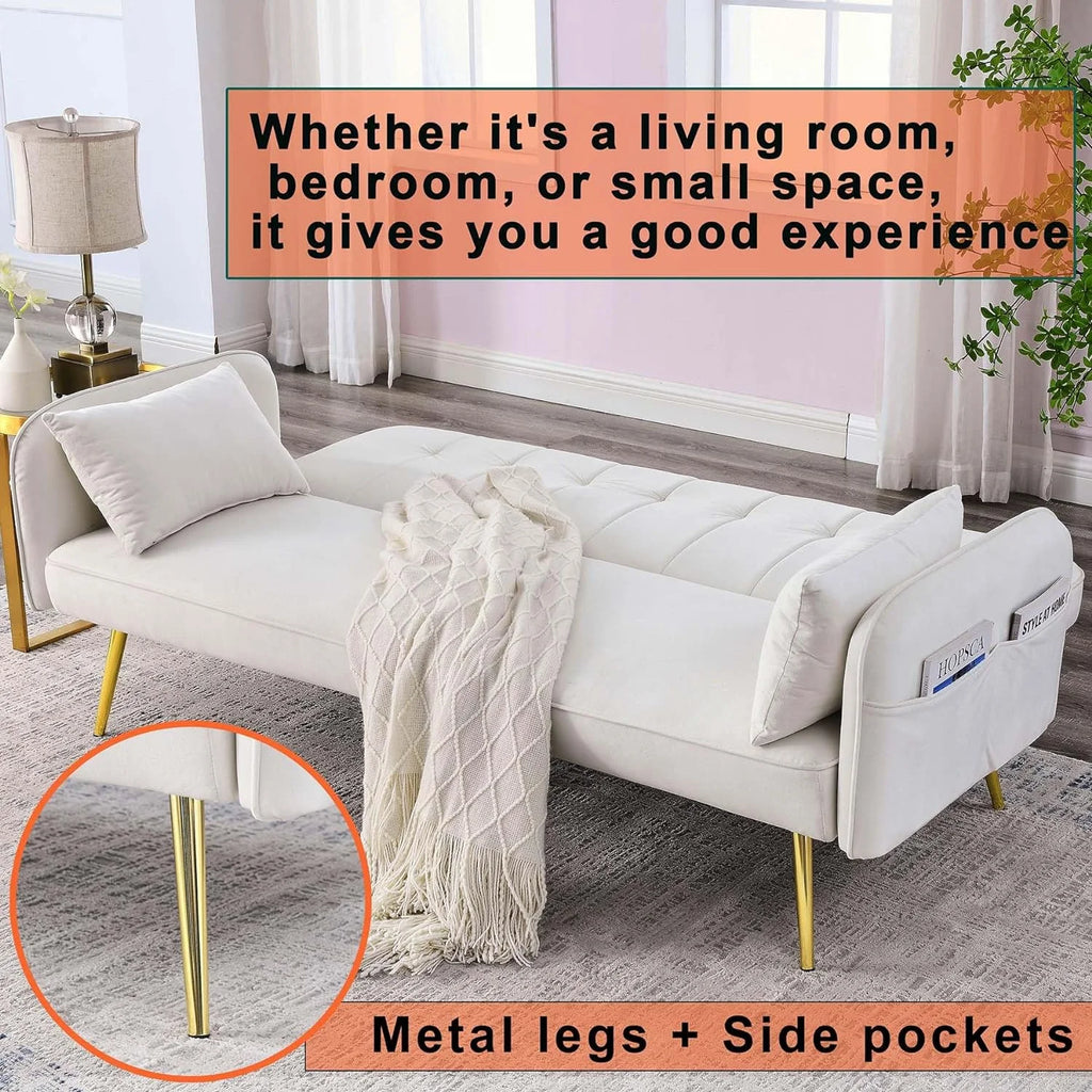 72.5" Velvet Convertible Futon Couch Bed with Storage Side Pockets N1094