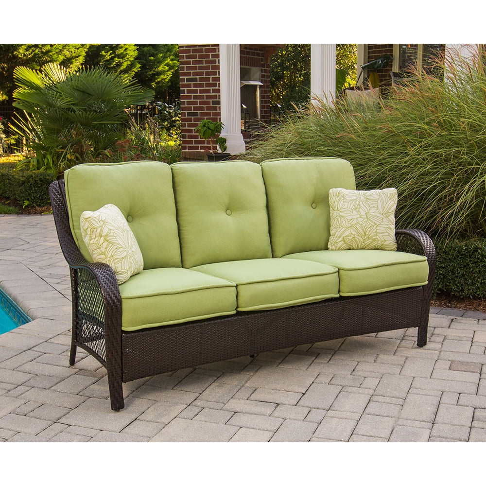 2-Piece Steel Outdoor Patio Deep Seating Set with Brown Wicker, Sofa, Avocado Green Cushions, 2 Pillows and Glass Top Rectangular Coffee Table S9067