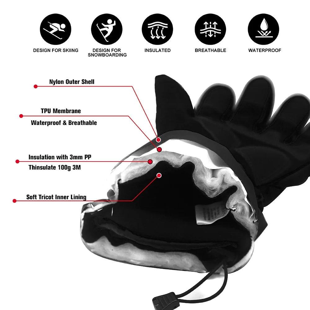 Waterproof Ski Gloves, 3M Thinsulate Winter Gloves (M, Black) W108