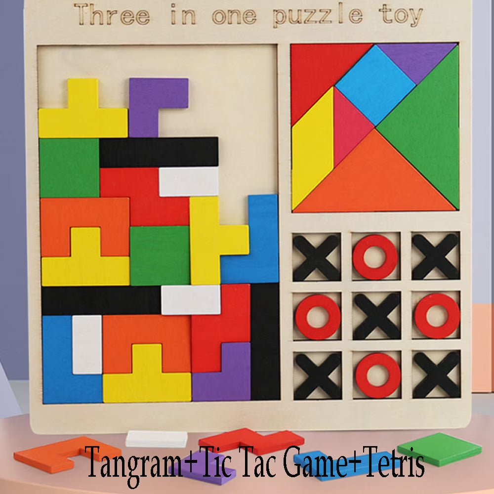 Wooden Blocks Puzzle Brain Teasers Toy, Tic Tac Toe Board Game Toy, Tangram Puzzle Toy Y1858