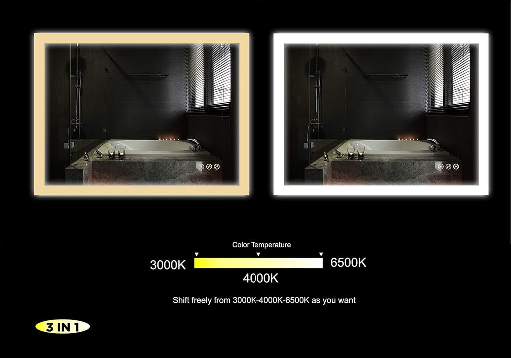 Wall Mounted LED Lighted Bathroom Mirror with Dimmer Touch Switch, Anti Fog, IP44 Waterproof, 3000K Warm White, 4000K Neutral White, 6500K Cool White, CRI>90, Vertical and Horizontal Installation E795