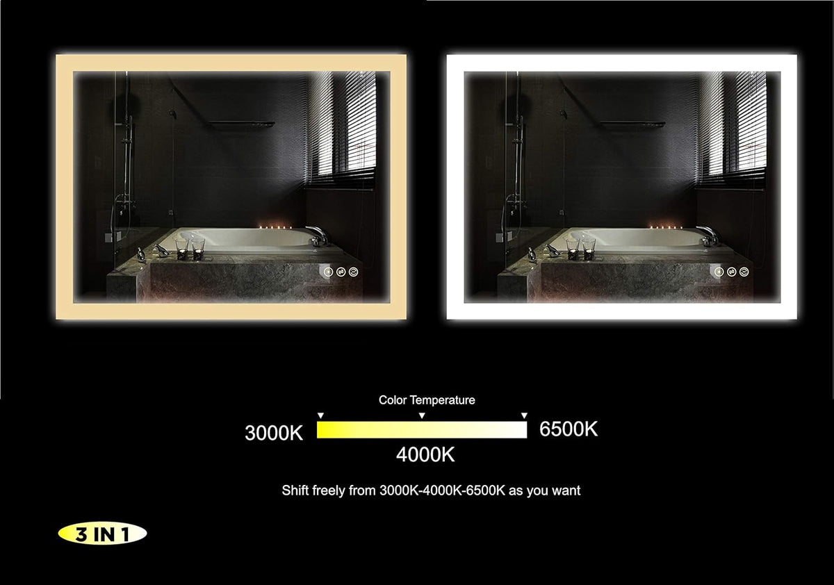 Wall Mounted LED Lighted Bathroom Mirror with Dimmer Touch Switch, Anti Fog, IP44 Waterproof, 3000K Warm White, 4000K Neutral White, 6500K Cool White, CRI>90, Vertical and Horizontal Installation E795