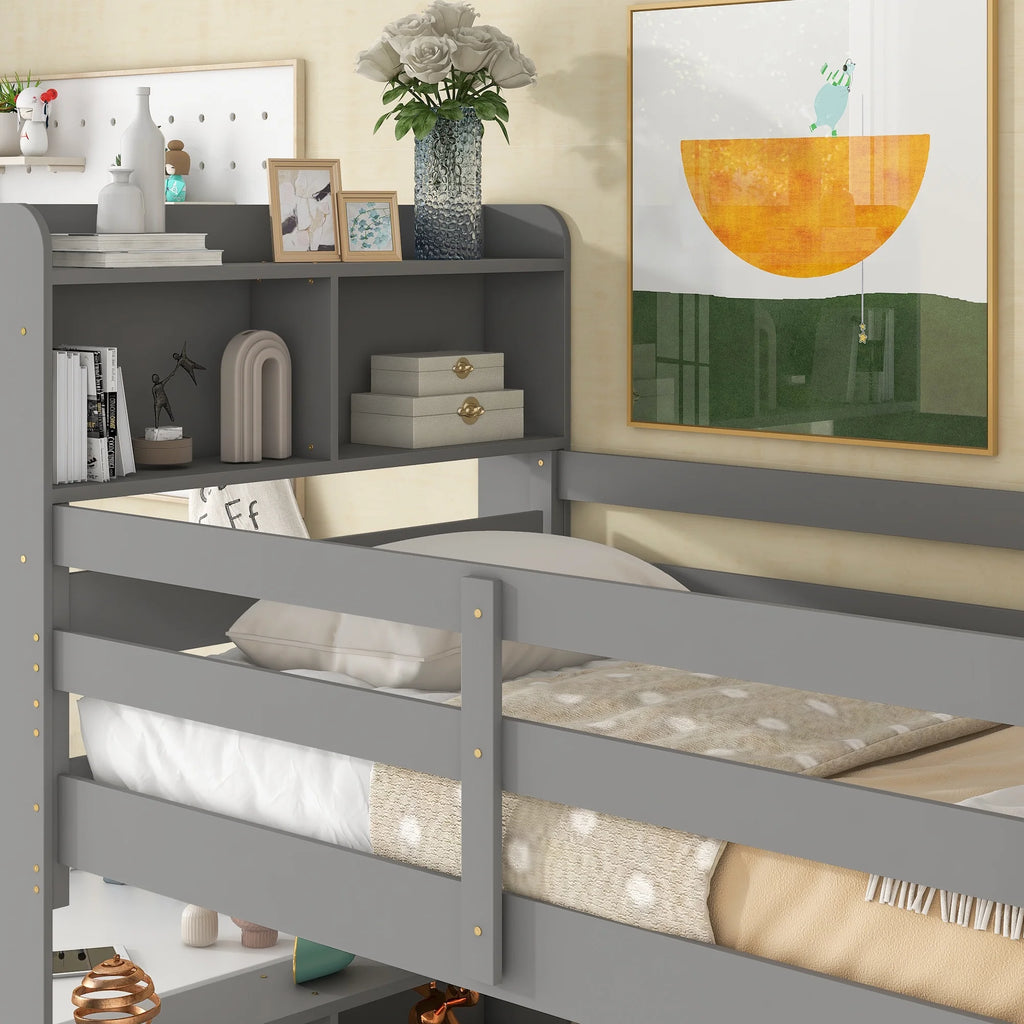 Twin over Twin Wood Bunk Bed with Storage Headboard I21594