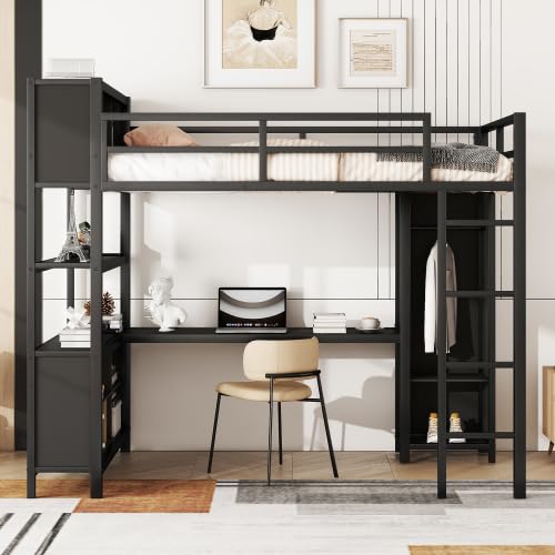 Black Full Size Metal Loft Bed with Wardrobe and L-Shaped Desk R992432