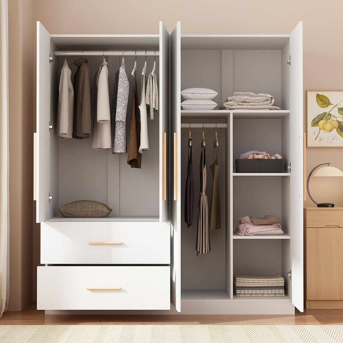 White 4-Door 2-Drawer Wood Wardrobe M546267