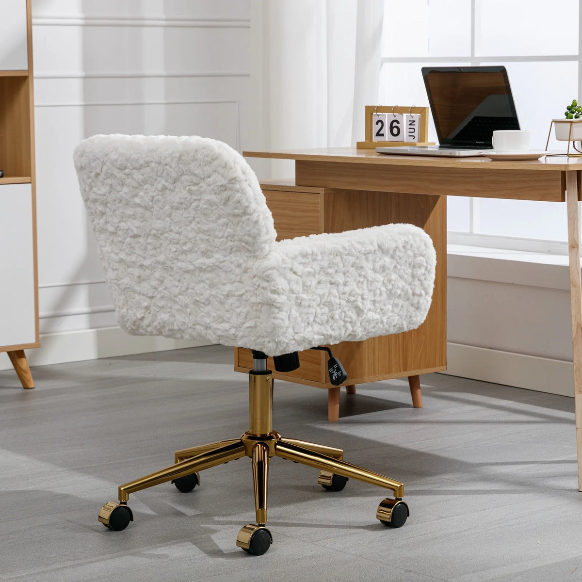 Beige Faux Rabbit Hair Office Chair with Adjustable Swivel V80608
