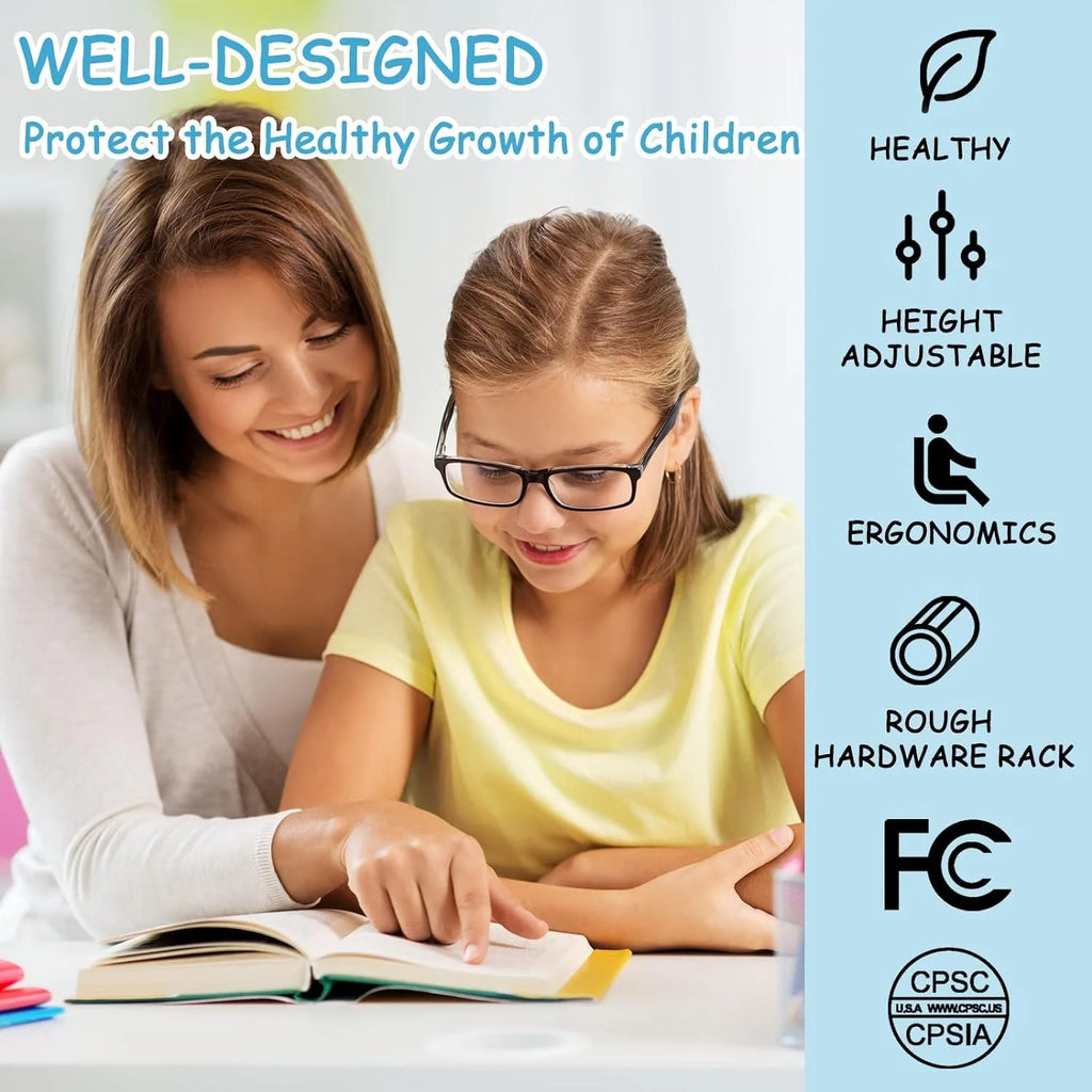 Kids Desk and Chair Set with Light, Height Adjustable Tiltable Desk A4136