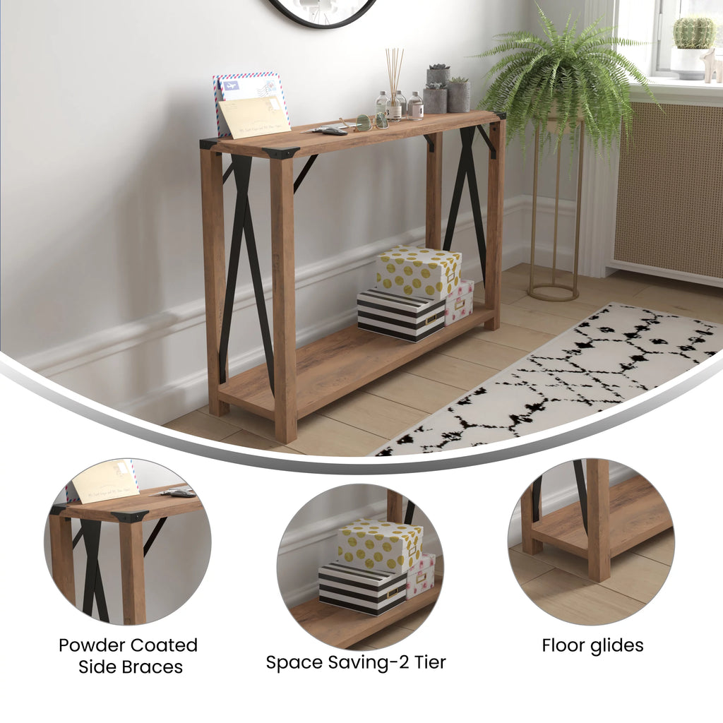 Rustic Oak Engineered Wood Console Table with Metal Accents V36027