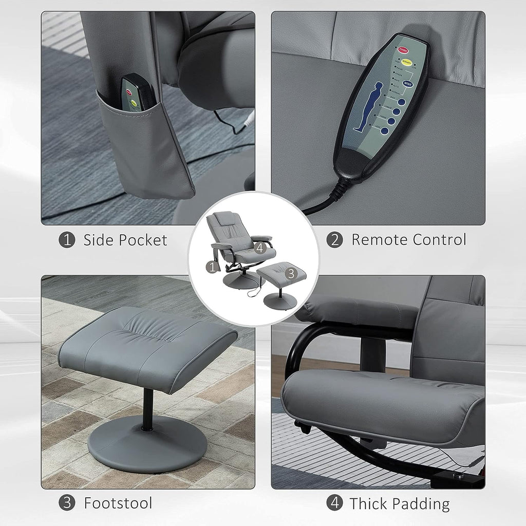 Gray Faux Leather Massaging Recliner Chair and Ottoman Set M6296