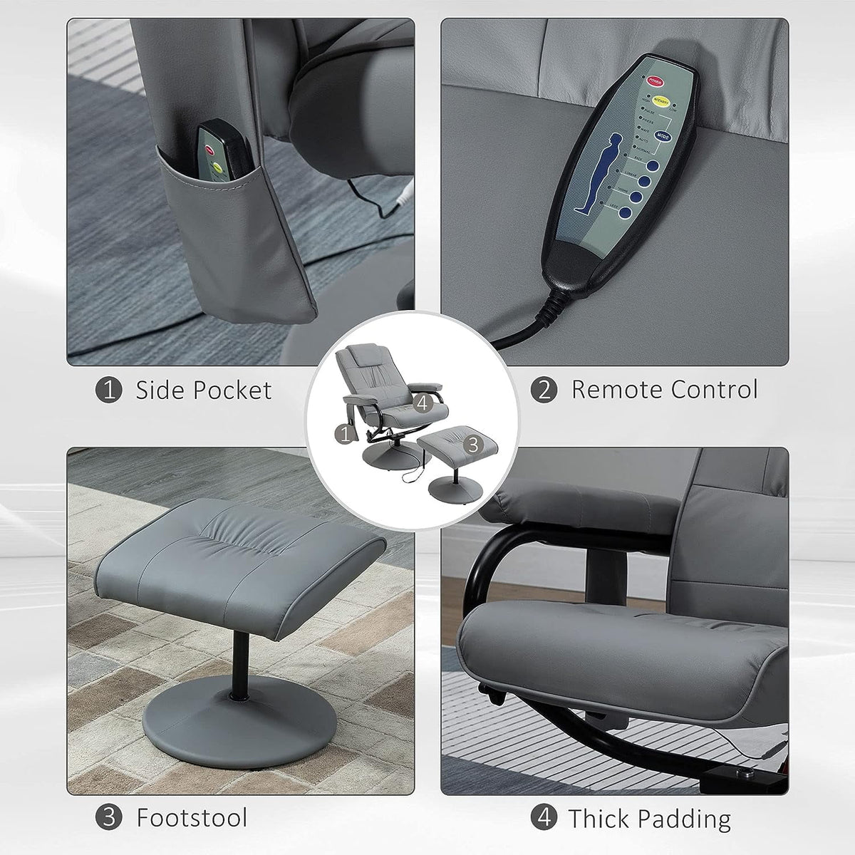 Gray Faux Leather Massaging Recliner Chair and Ottoman Set M6296