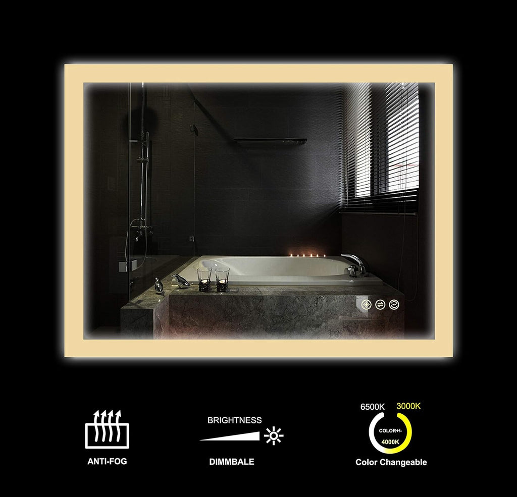 Wall Mounted LED Lighted Bathroom Mirror with Dimmer Touch Switch, Anti Fog, IP44 Waterproof, 3000K Warm White, 4000K Neutral White, 6500K Cool White, CRI>90, Vertical and Horizontal Installation E795