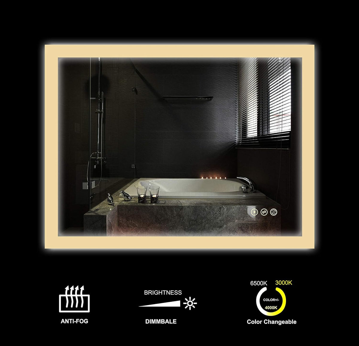 Wall Mounted LED Lighted Bathroom Mirror with Dimmer Touch Switch, Anti Fog, IP44 Waterproof, 3000K Warm White, 4000K Neutral White, 6500K Cool White, CRI>90, Vertical and Horizontal Installation E795