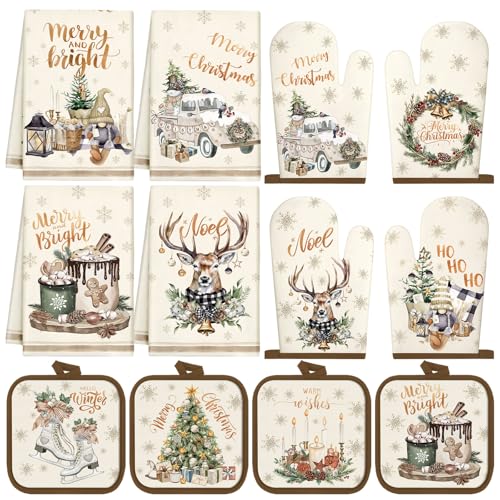 12 Pcs Christmas Kitchen Towels Pot Holders and Oven Mitts Set T11266