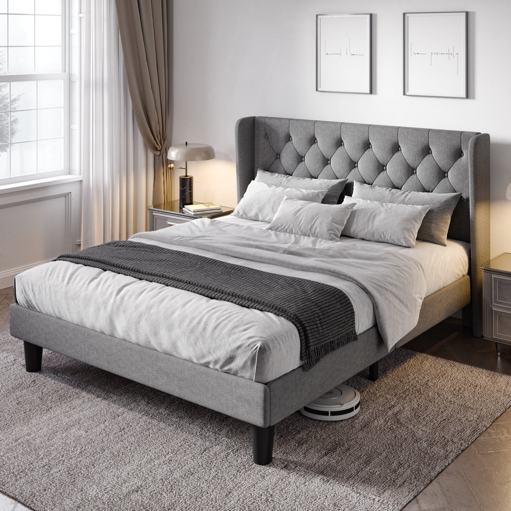 Queen Size Upholstered Platform Bed Frame with Wingback S668