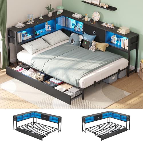 Black & Gray Twin Size Corner Bed Frame with Storage G786755