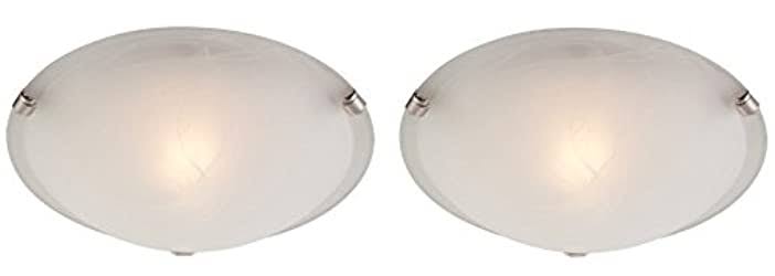 White and Brushed Nickel Finish Flush-Mount Ceiling Fixture with White Alabaster Glass I5513