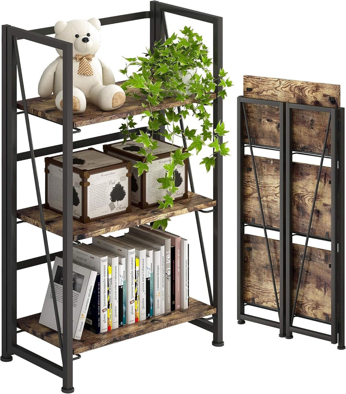 5 Tiers Folding Bookshelf Storage Shelves with 2 Drawers Brown and Black X510