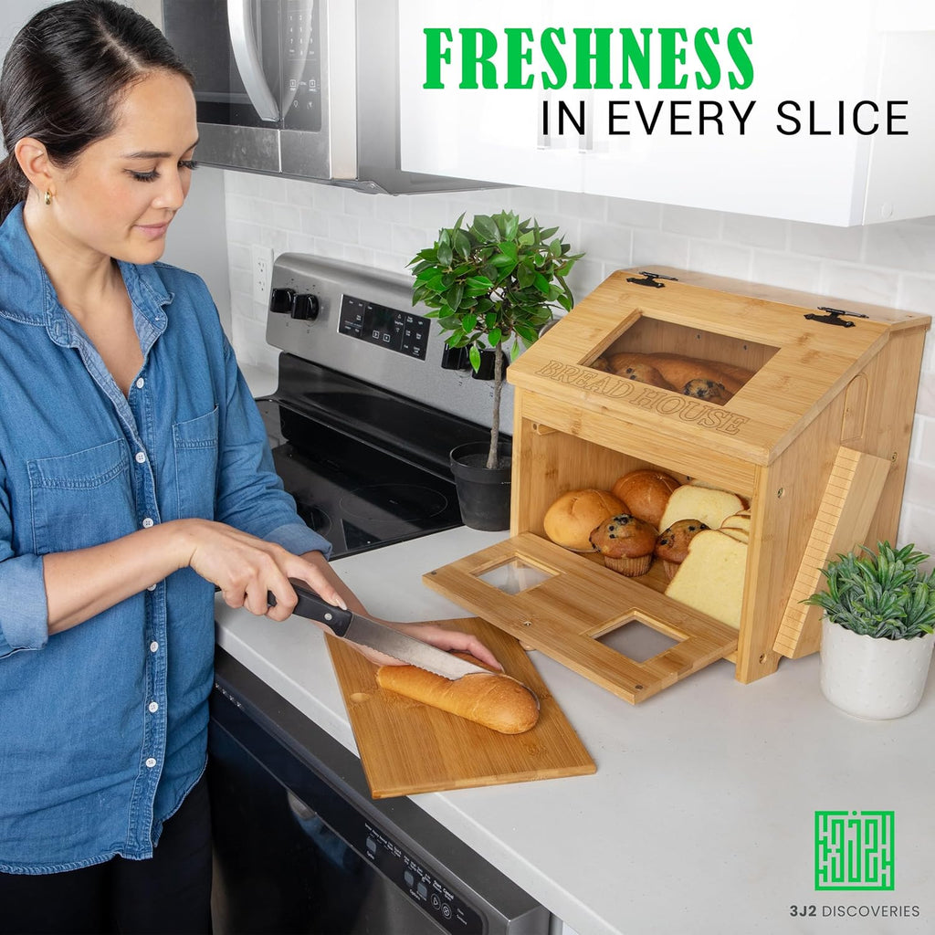Large Wooden Bamboo Bread Box with Cutting Board K786