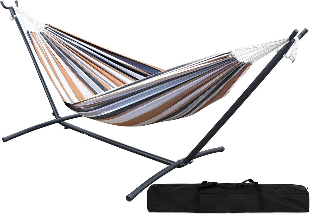 Double Hammock with Steel Stand 2 Person Heavy Duty 450lb Capacity Beige Pack of 2 J14461