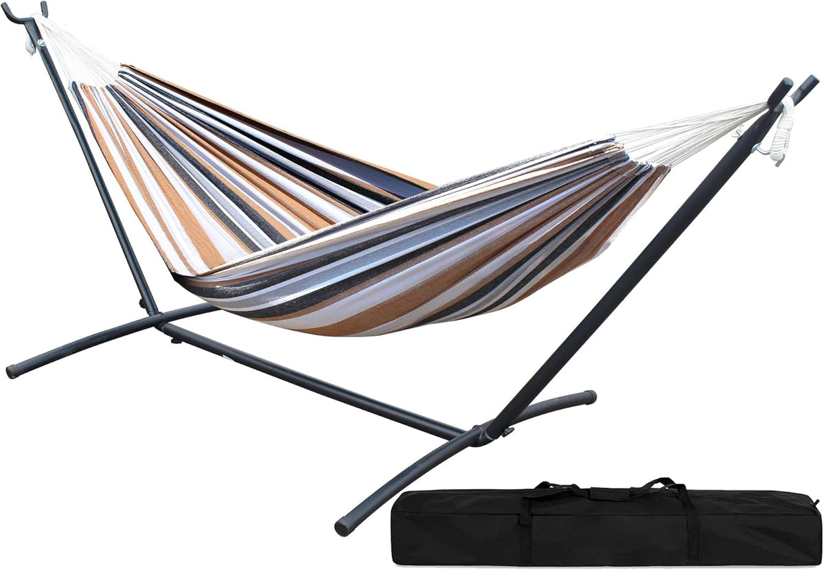 Double Hammock with Steel Stand 2 Person Heavy Duty 450lb Capacity Beige Pack of 2 J14461