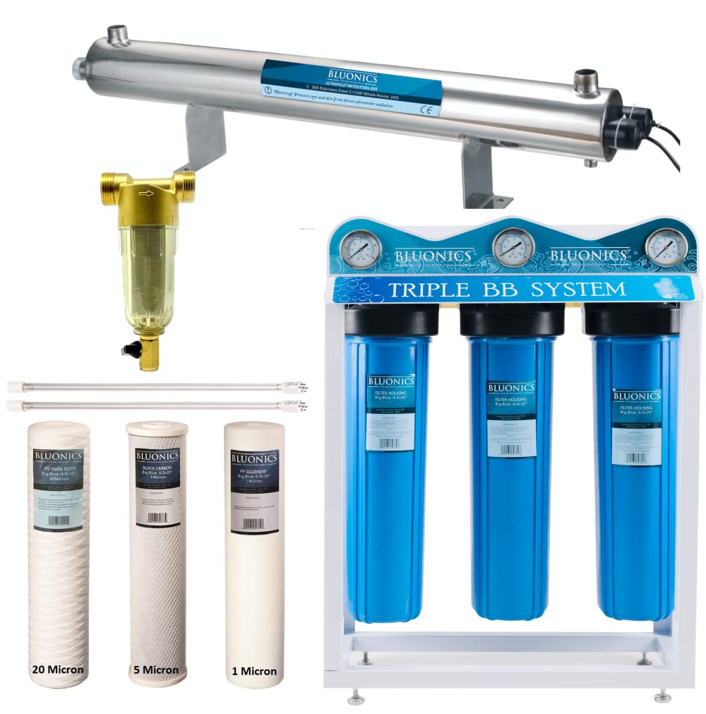 Complete Well Water Solution with UV Sediment Carbon Filter Purifier System 24GPM Triple Housing 40 Mic Pre Filter F9428