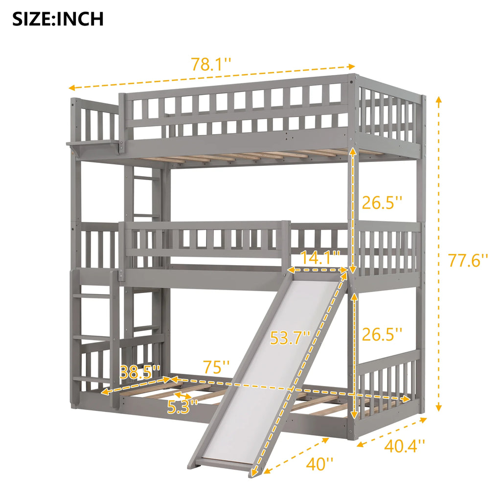 Triple Twin Bunk Bed with Built-in Ladder and Slide Y38321