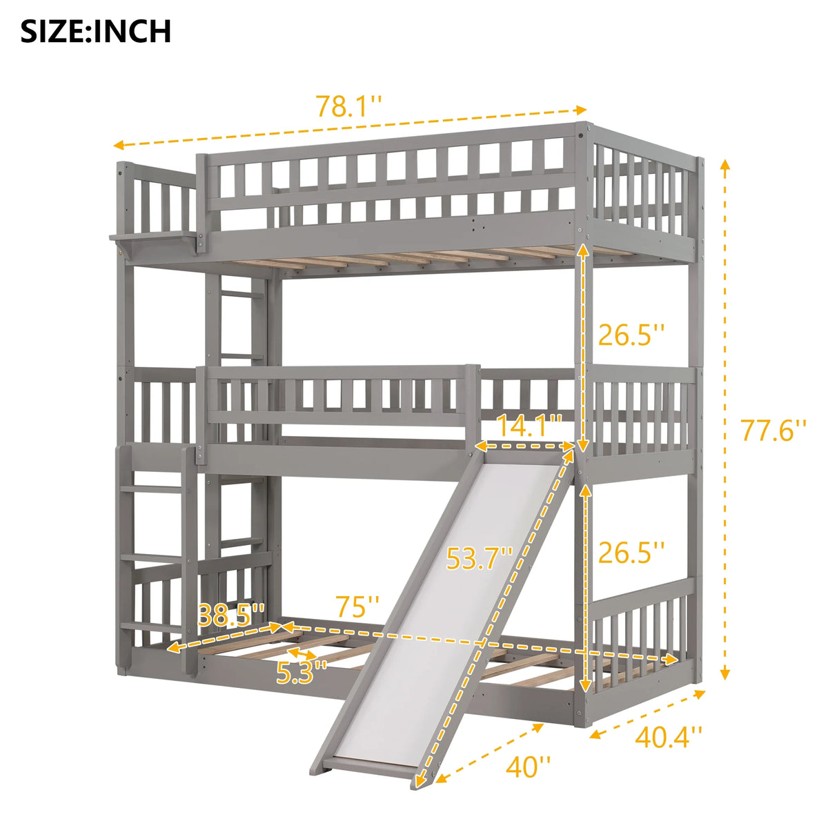 Triple Twin Bunk Bed with Built-in Ladder and Slide Y38321