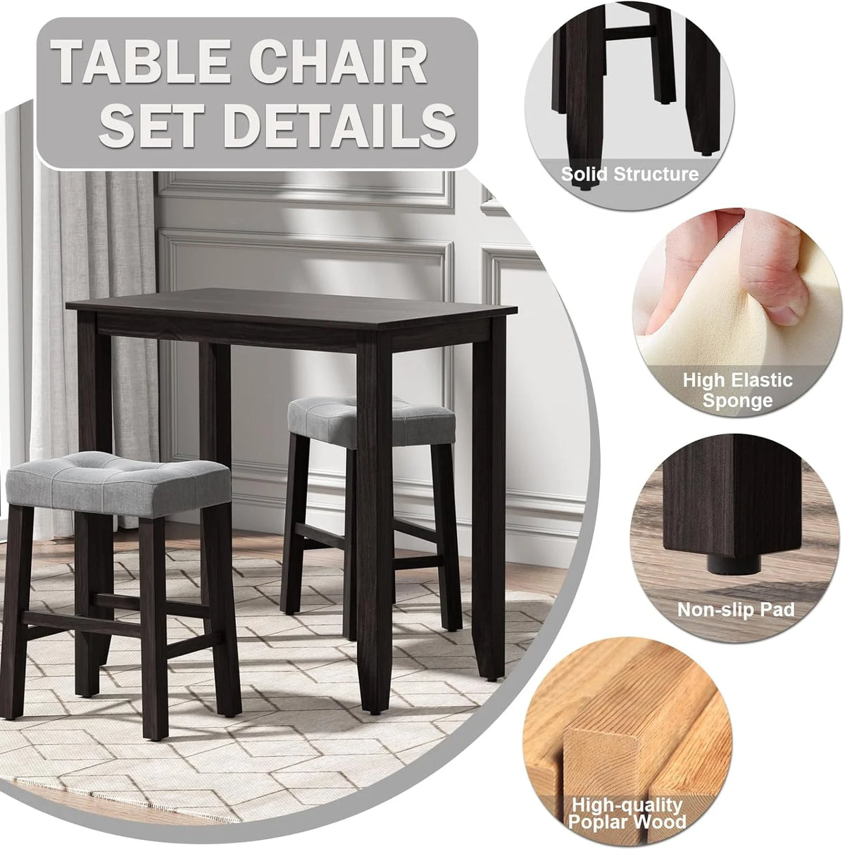 3 Piece Counter Height Dining Table Set with Bench and 2 Stools C581879