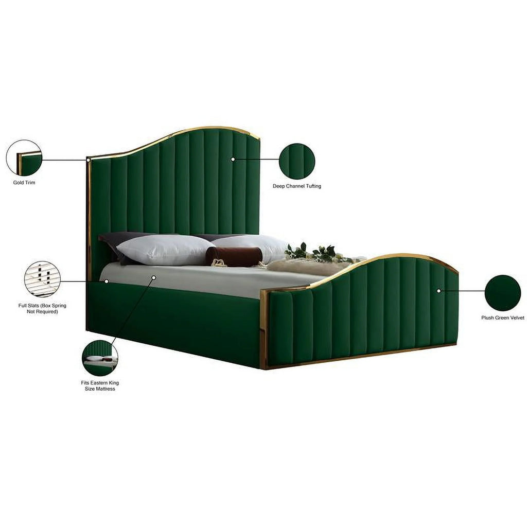 Solid Wood and Velvet King Bed in Green F415