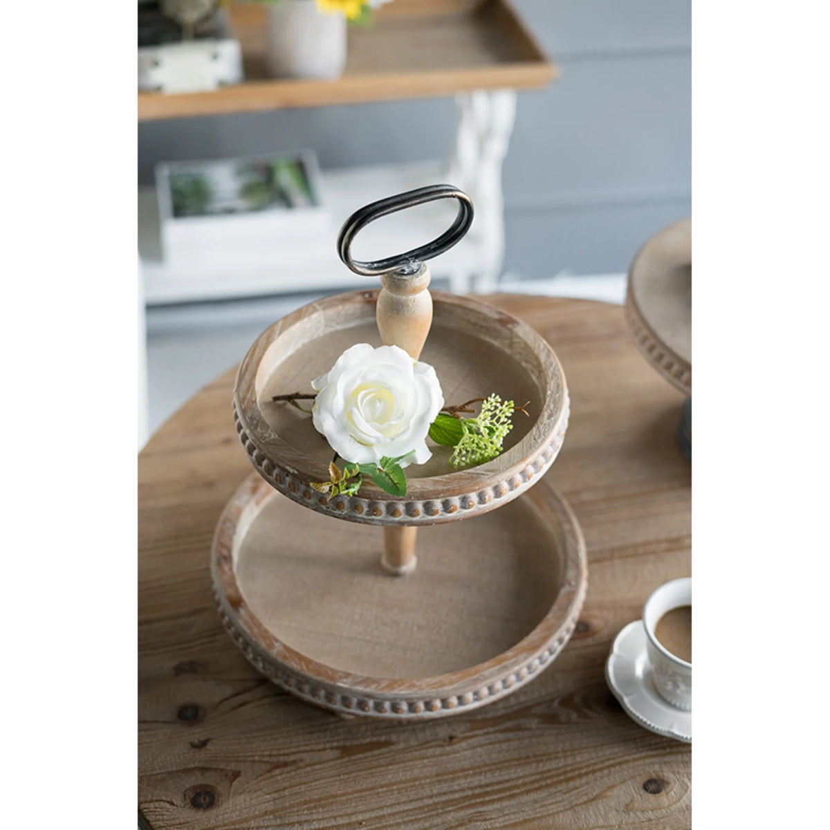 2-Tiered Round Wooden Tray with Handle D649