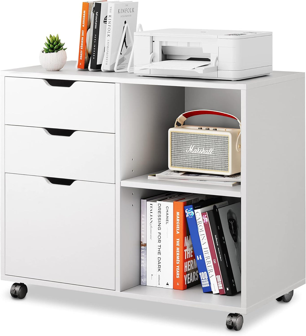 Black 3-Drawer Mobile Wood File Cabinet with Open Storage Shelves B9170