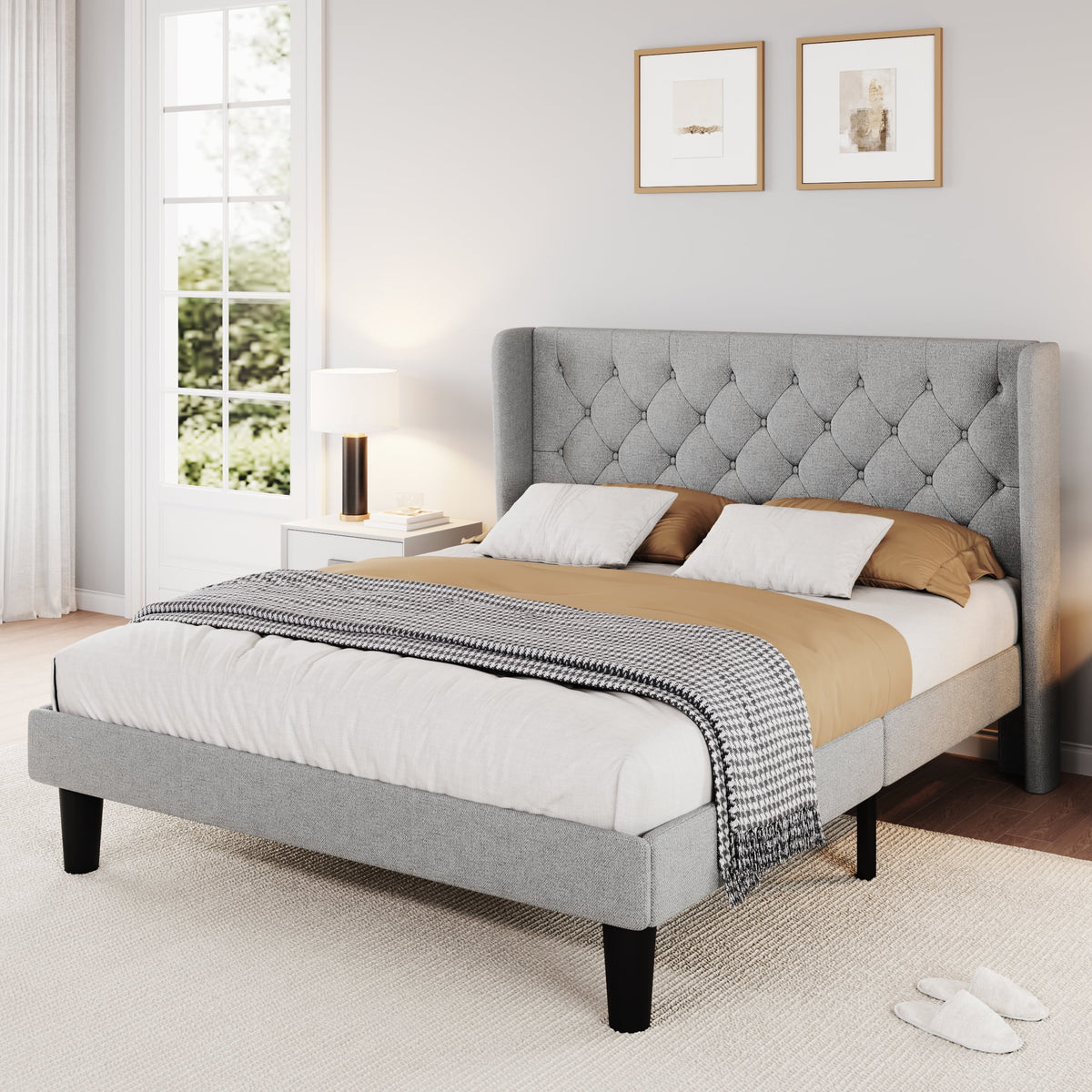 Queen Size Dark Grey Upholstered Platform Bed Frame Z6399