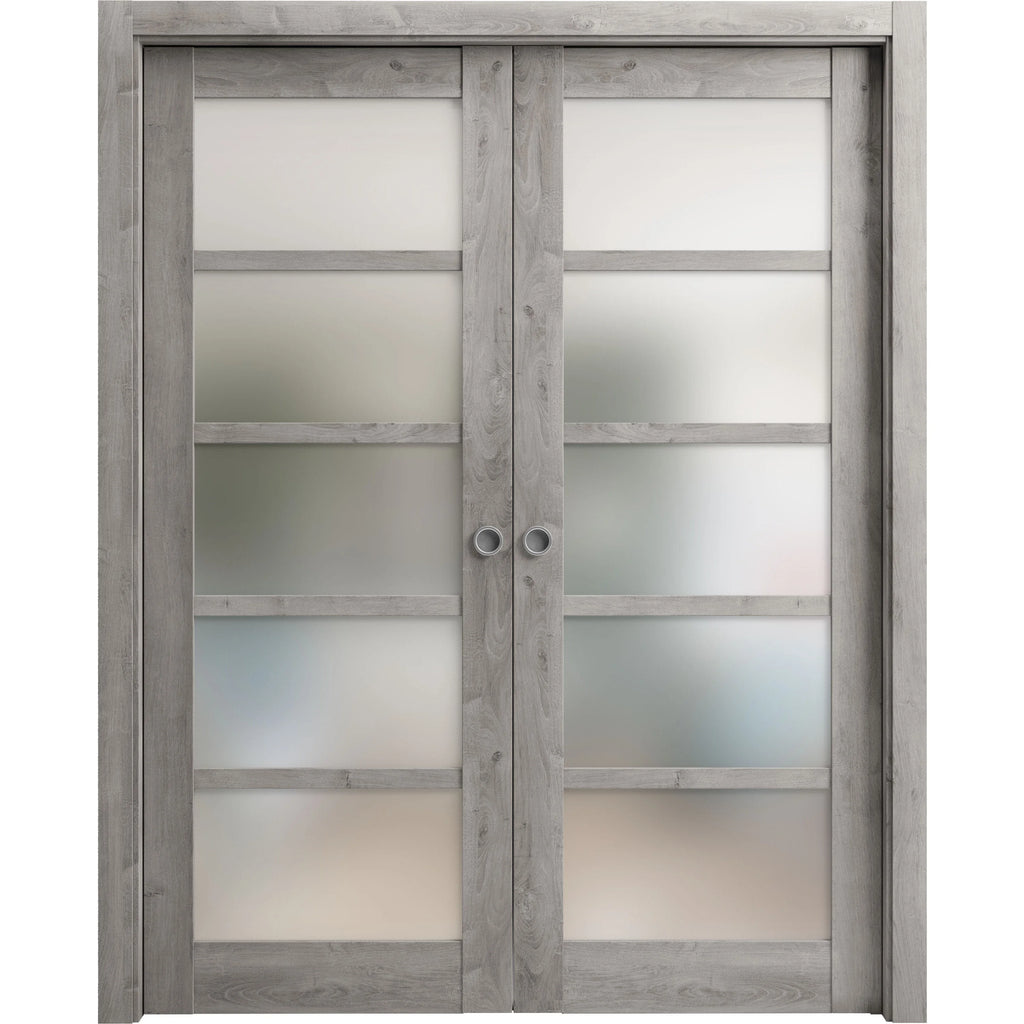 Sliding French Double Pocket Doors 36 x 84 inches Solid Wood with Frosted Glass D1113