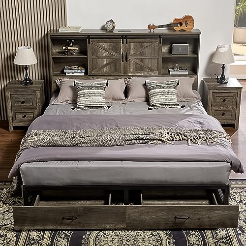 Full Size Wooden Platform Storage Bed with Bookcase Headboard and 2 Drawers L492