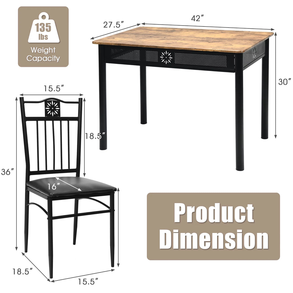 5 Piece Wood Metal Dining Set Y8562
