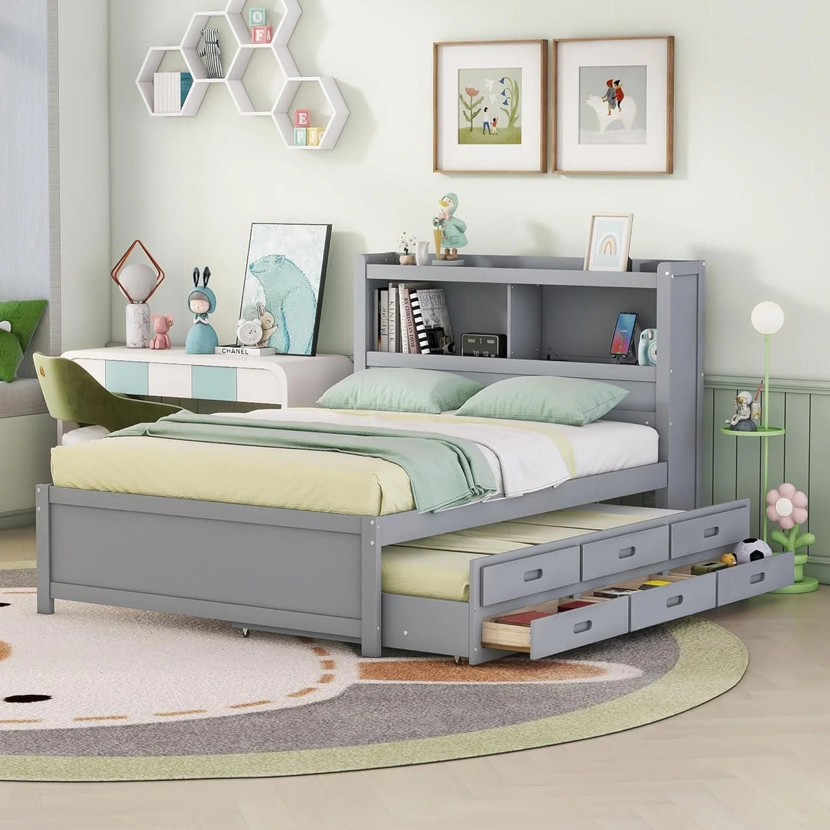 Full Size Wood Platform Bed with Trundle and Storage Drawers N1381