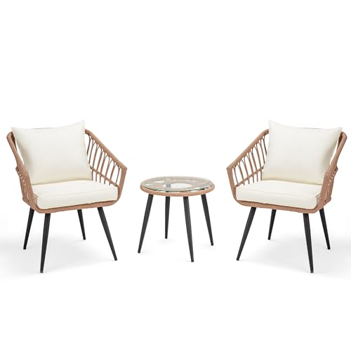 3 Piece Wicker Patio Bistro Set with Glass Top Table and Cushions R728378