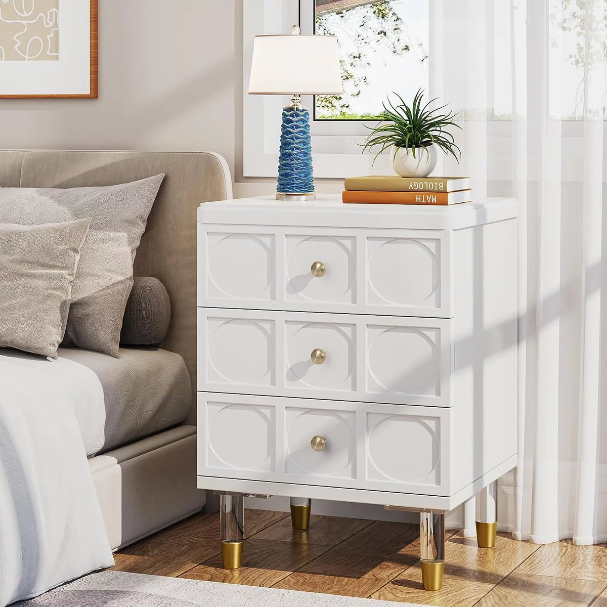 White and Gold 3-Drawer Nightstand R456