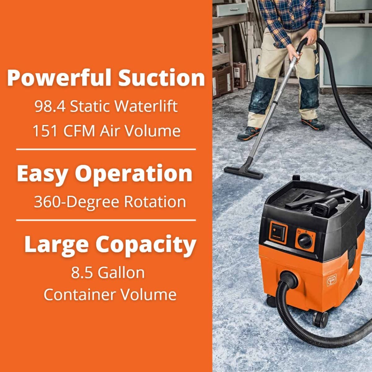 Turbo II Wet/Dry Dust Extractor Vacuum Cleaner, 151 CFM Suction Capacity, 98 PSI Static Water Lift I5012