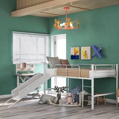 White Metal Twin Loft Bed with Slide Q2285