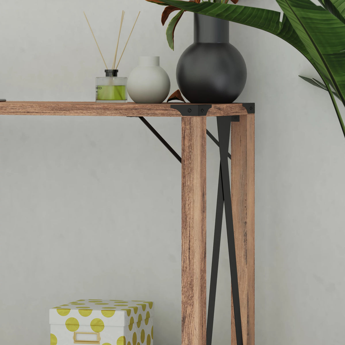 Rustic Oak Engineered Wood Console Table with Metal Accents V36027
