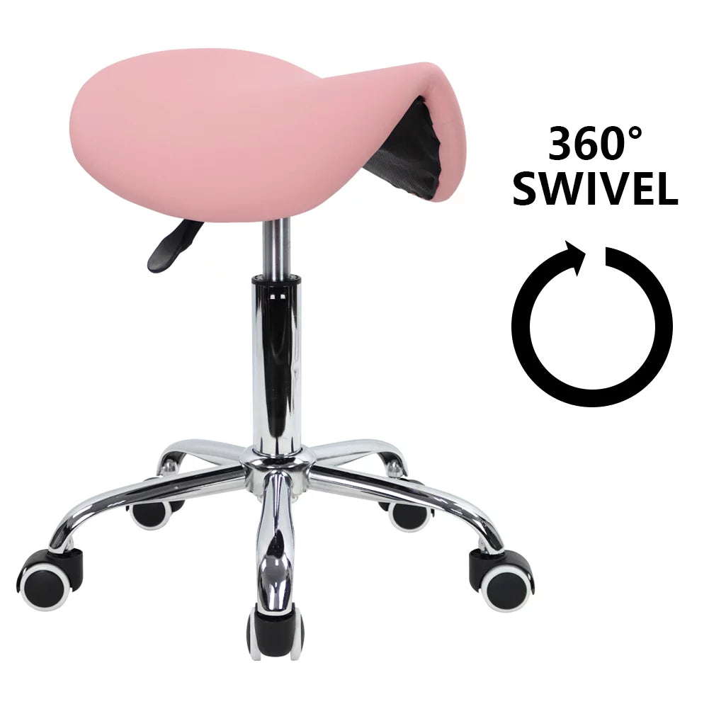 Pink PU Leather Adjustable Rolling Saddle Stool N4178