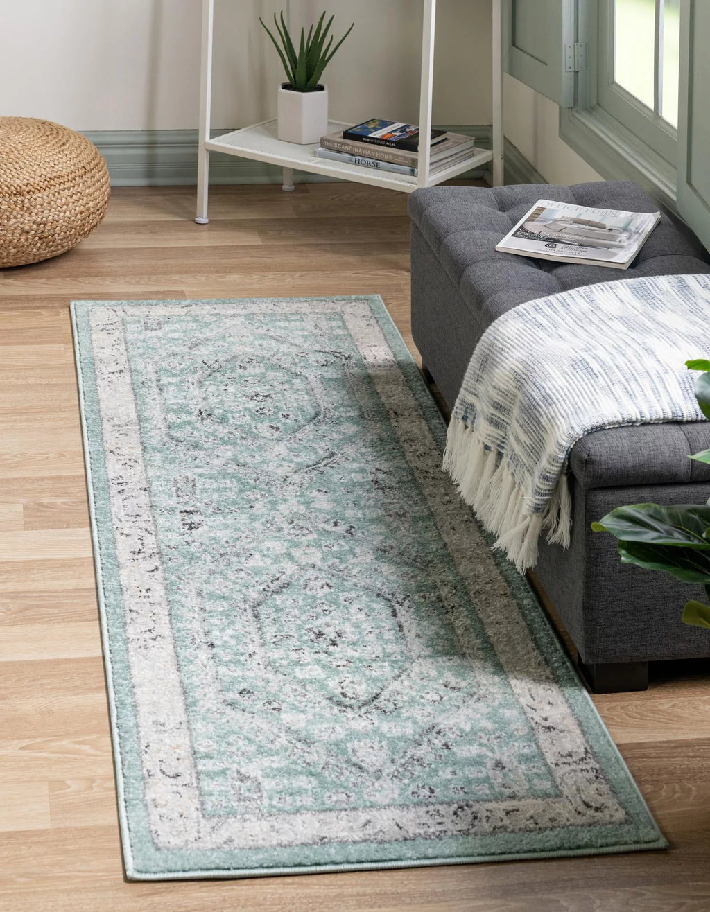 8 Ft Runner Aqua Medium-Pile Rug E791