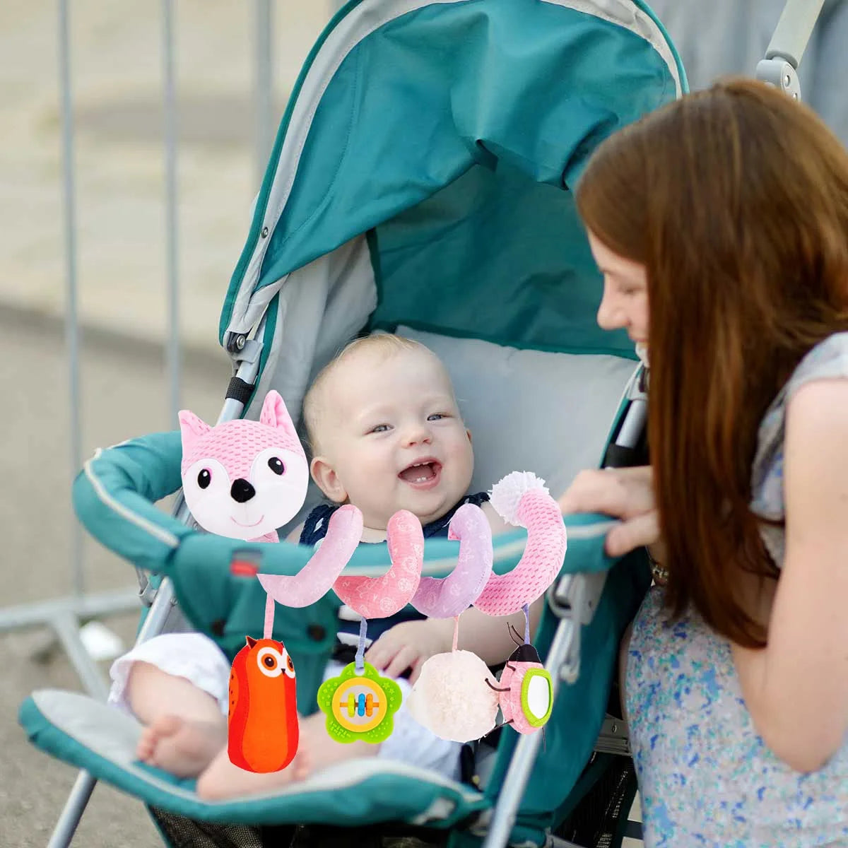 Pink Fox Plush Hanging Stroller Toys with Musical Sheep Rattles Owl Ladybird Distorting Mirror P196793