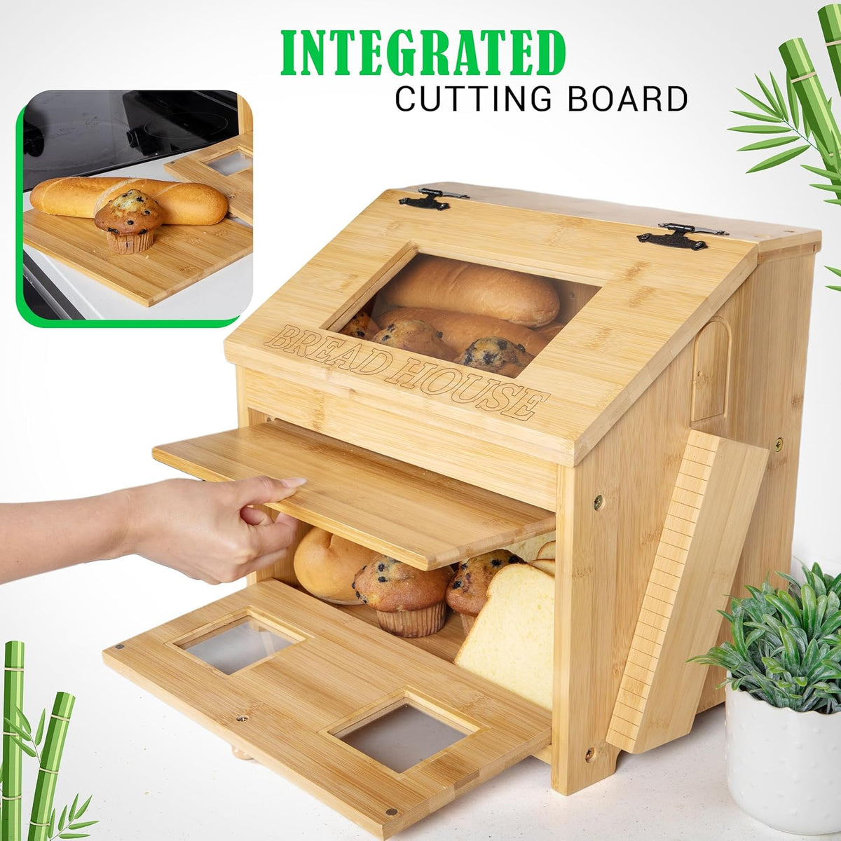 Large Wooden Bamboo Bread Box with Cutting Board K786