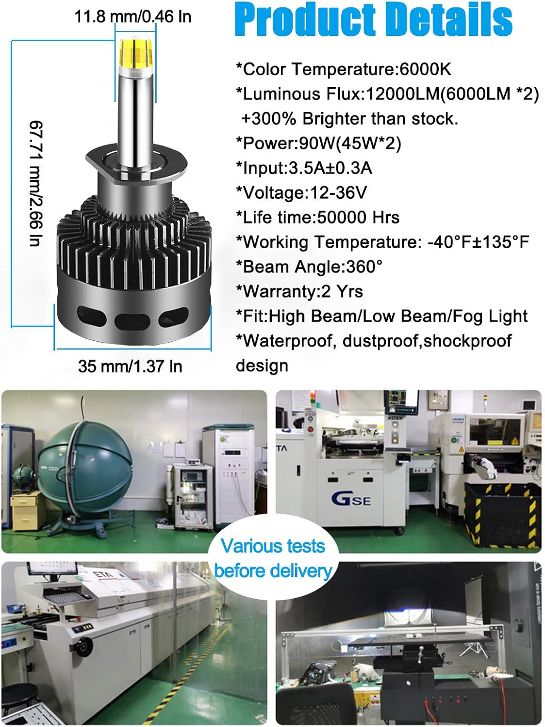 H1 LED Headlight Bulb, High Beam, Low Beam, Halogen Replace Kit, 12000lm 6K, Pack of 2 B250