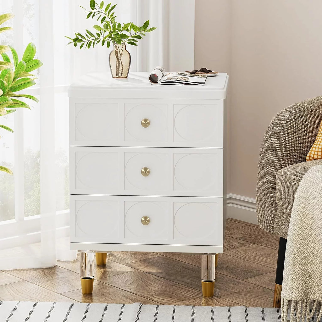White and Gold 3-Drawer Nightstand R456