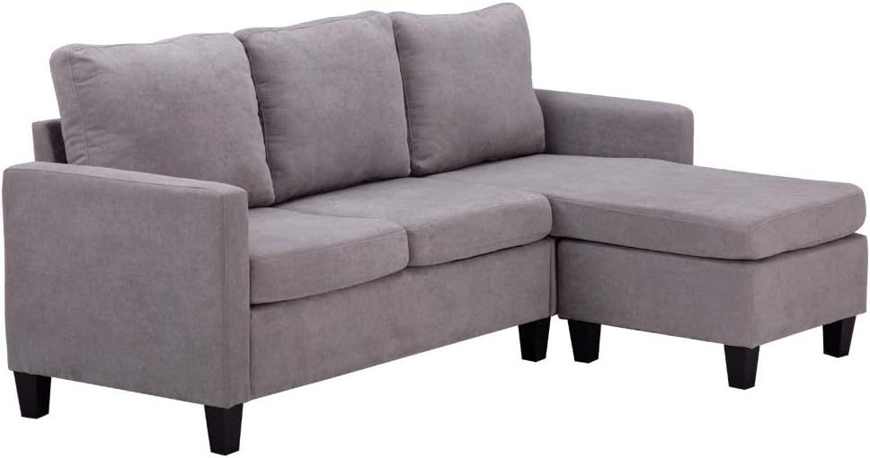 Light Grey Linen Fabric L-Shaped 3-Seat Convertible Sectional Sofa Couch with Reversible Chaise U4358