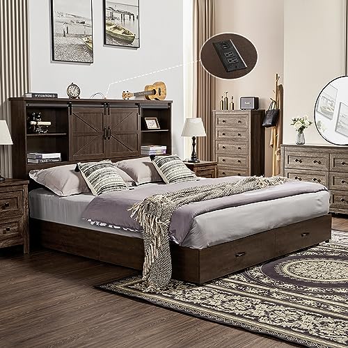 Full Size Wooden Platform Storage Bed with Bookcase Headboard and 2 Drawers L492