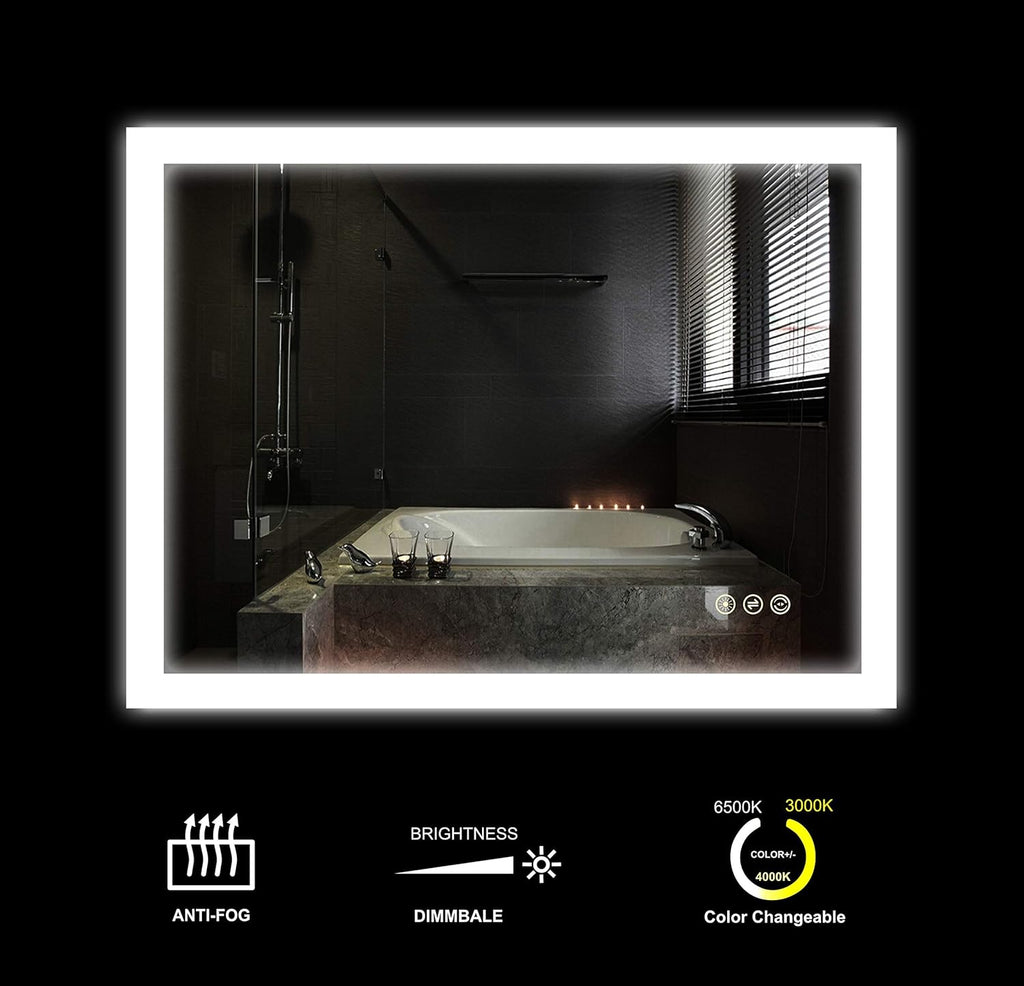 Wall Mounted LED Lighted Bathroom Mirror with Dimmer Touch Switch, Anti Fog, IP44 Waterproof, 3000K Warm White, 4000K Neutral White, 6500K Cool White, CRI>90, Vertical and Horizontal Installation E795